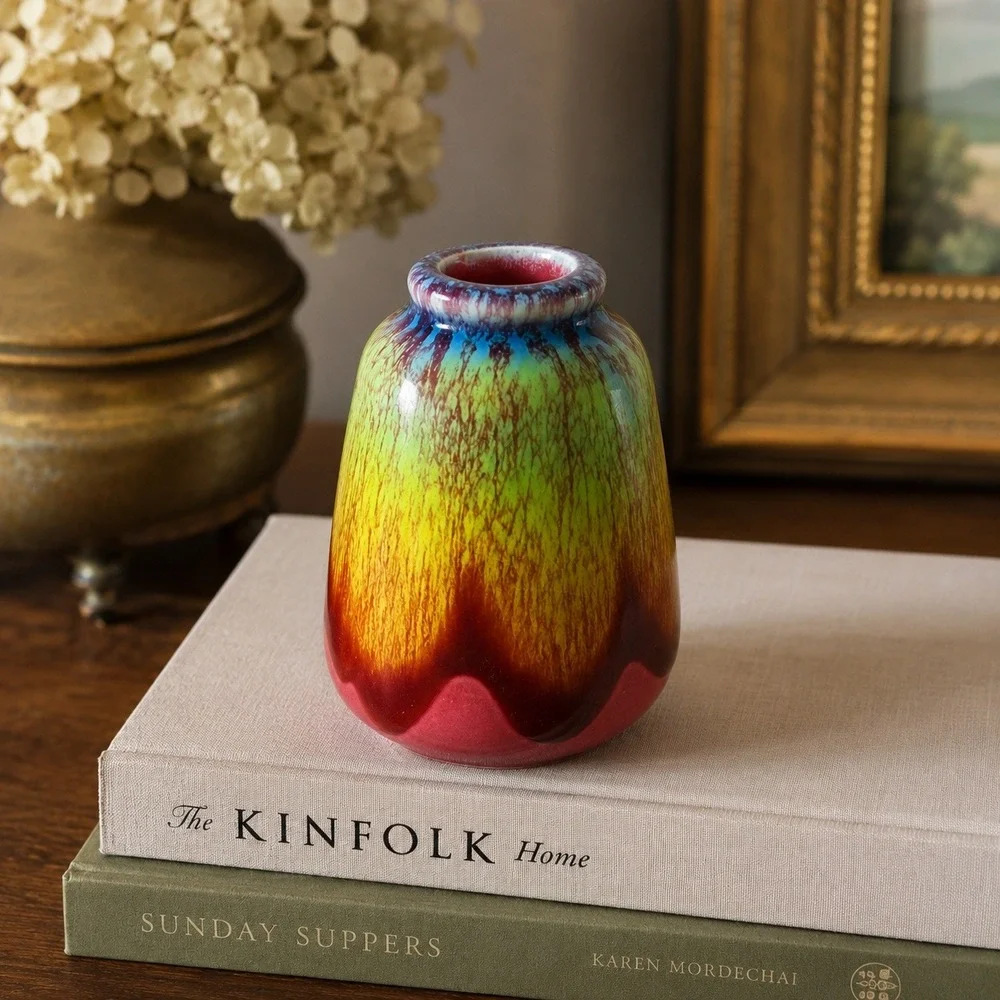 Vintage Drip Glaze Ceramic Bud Vase Rainbow Studio Art Pottery Boho Decor